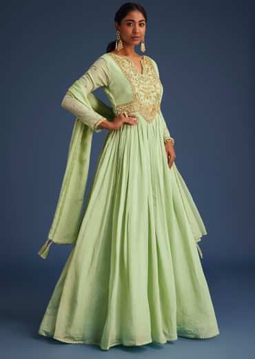 Mint Green Tissue Embroidered Anarkali With Dupatta