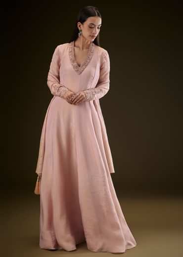 Baby Pink V Neck Anarkali With Printed Dupatta