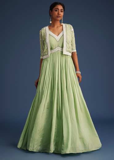 Mint Green Tissue Gown With Embroidered Jacket