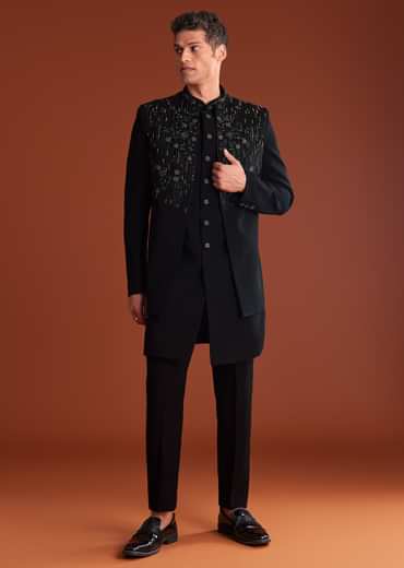 Black Indowestern Jacket Set With Zari And Pearl Work