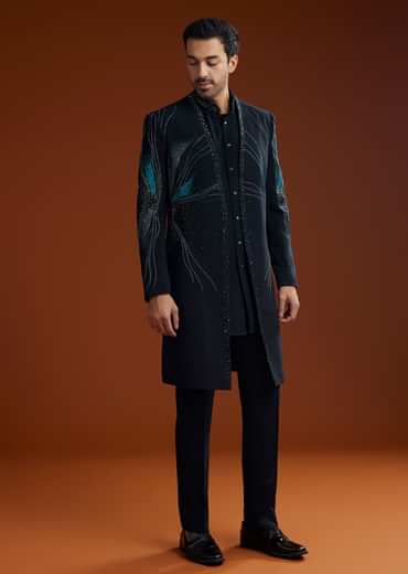 Blue Suiting Indo Jacket Set With Starlit Cutdana Work