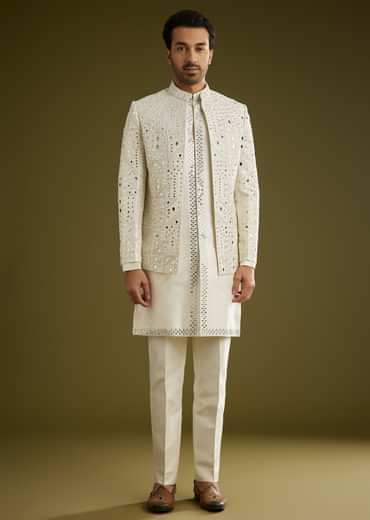 Off White Indo Western Set With Mirror And Thread Work On Silk