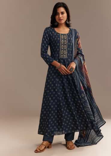 Blue Roman Silk Printed Anarkali Set