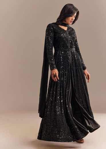 Black Sequined High Slit Anarkali Set