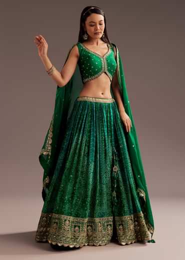 Green Sequins Bandhani Lehenga Dupatta Set