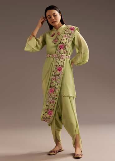 Light Green Zardosi Motif Kurta Dupatta Belt Set