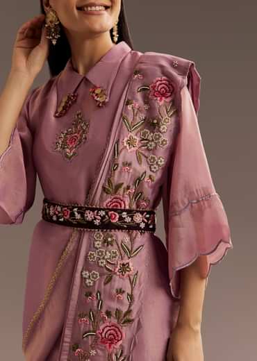 Lilac Zardosi Motif Kurta Dupatta Belt Set