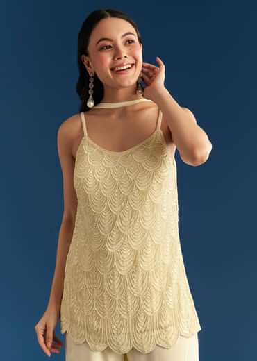 Cream Georgette Kurta Sharara Set With Dupatta