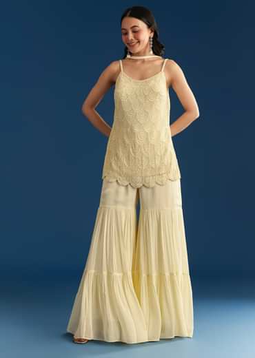 Cream Georgette Kurta Sharara Set With Dupatta