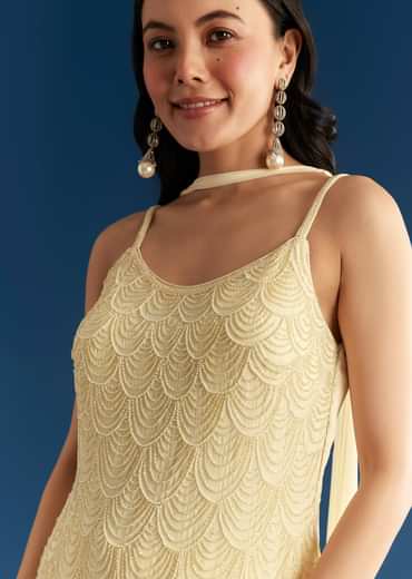 Cream Georgette Kurta Sharara Set With Dupatta