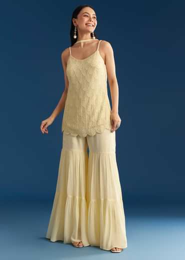 Cream Georgette Kurta Sharara Set With Dupatta