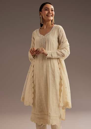 Off White Thread Motiwork Chanderi Kurta Dupatta Set