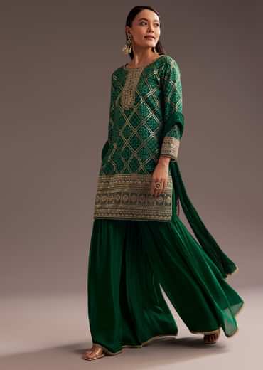 Dark Green Bandhani Zardosi Kurta Sharara Dupatta Set