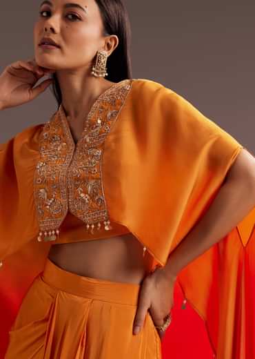 Orange Ombre Zardosi Moti Cape Skirt Set