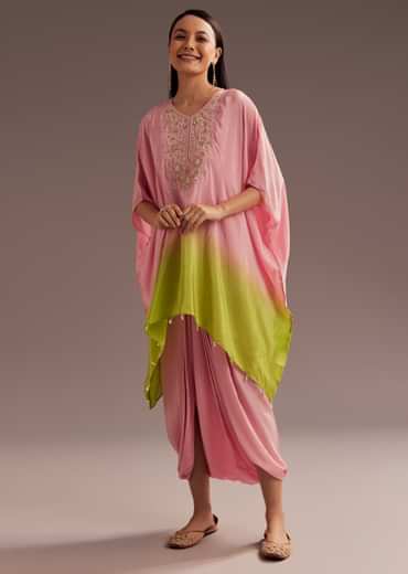 Pink Ombre Moti Zardosi Crepe Kaftan Kurta Dhoti Set
