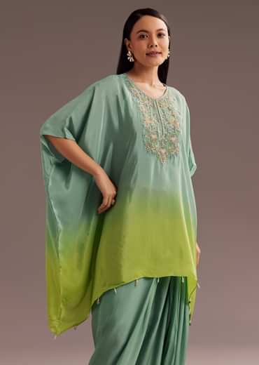 Aqua Green Ombre Moti Zardosi Kaftan Kurta Dhoti Set