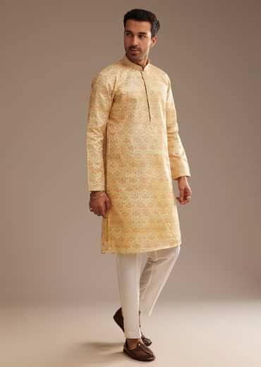 Light Yellow Silk Abstract Printed Kurta Set
