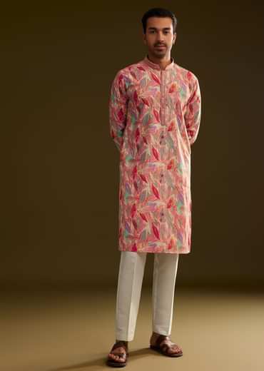 Pink Silk Leaf Printed Kurta Set