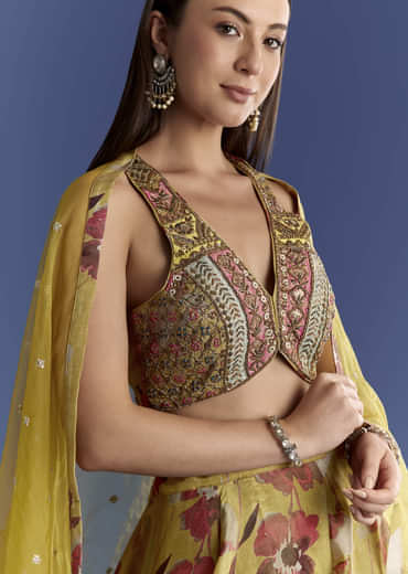 Yellow Tissue Lehenga Set With Zardosi Choli And Sequins Dupatta