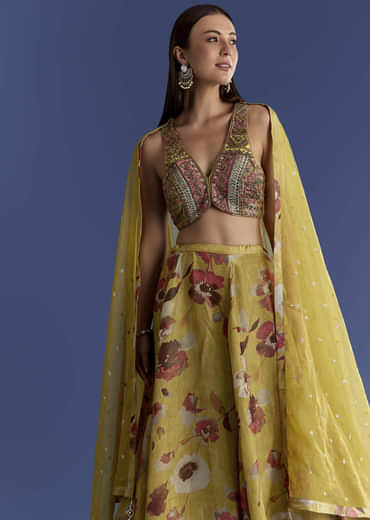 Yellow Tissue Lehenga Set With Zardosi Choli And Sequins Dupatta