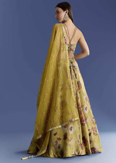 Yellow Tissue Lehenga Set With Zardosi Choli And Sequins Dupatta