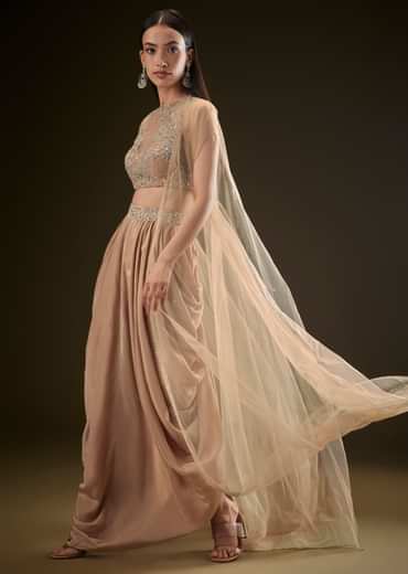 Beige Drape Dhoti Skirt With Embroidered Bustier And Long Cape