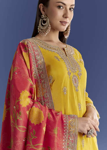 Yellow Tissue Kurta Set With Zari Palazzo And Floral Dupatta