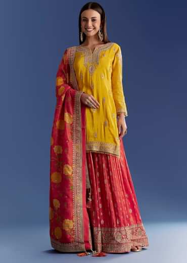 Yellow Tissue Kurta Set With Zari Palazzo And Floral Dupatta