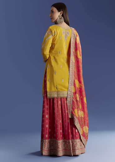 Yellow Tissue Kurta Set With Zari Palazzo And Floral Dupatta