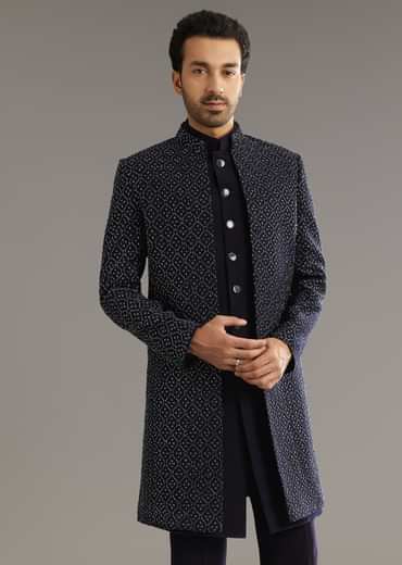 Blue Salli And Diamond Embellished Indo Western Set In Suiting Fabric