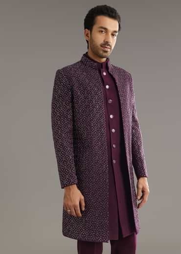 Wine Indo Western Set With Embellished Salli And Diamond Work