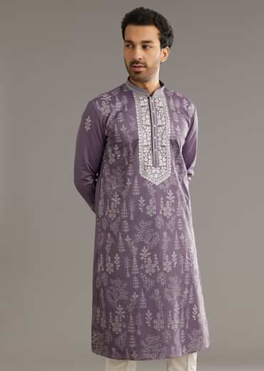 Purple Silk Vine Motif Printed Kurta Set With Thread Work