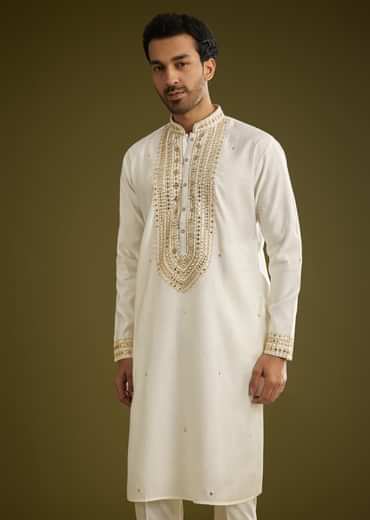 Off White Silk Kurta Set With Mirror Thread Embroidered Yoke