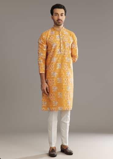 Yellow Silk Kurta Set With Print Work