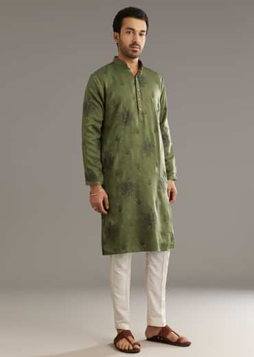 Green Silk Kurta Set With Printed Artwork