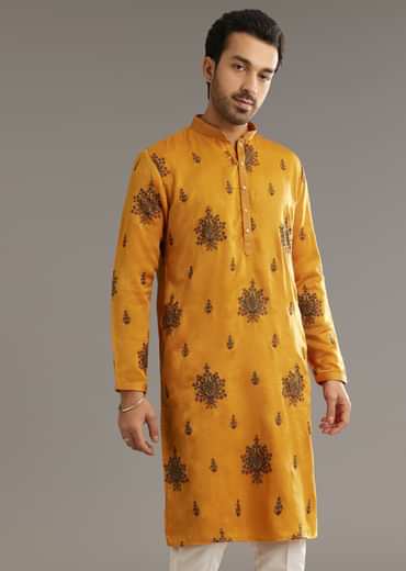 Yellow Silk Kurta Set With Artistic Print