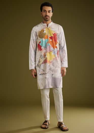 Multicolor Linen Zipper Kurta Set With Abstract Leaf Prints