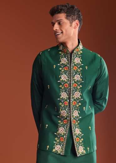 Bottle Green Silk Kurta Jacket Set With Multi Thread And Mirror Work