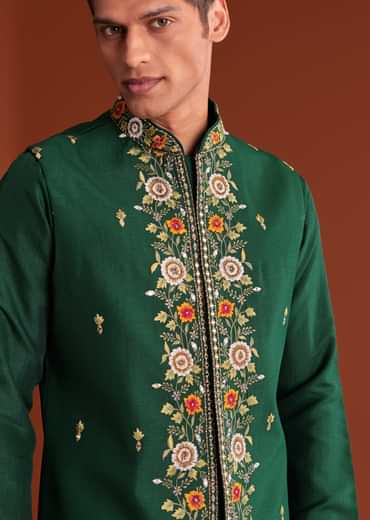 Bottle Green Silk Kurta Jacket Set With Multi Thread And Mirror Work