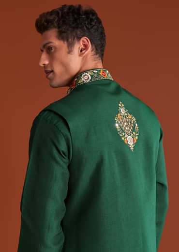 Bottle Green Silk Kurta Jacket Set With Multi Thread And Mirror Work