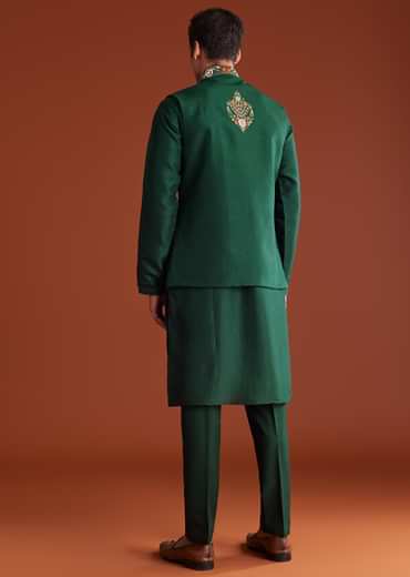 Bottle Green Silk Kurta Jacket Set With Multi Thread And Mirror Work