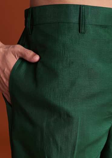 Bottle Green Silk Kurta Jacket Set With Multi Thread And Mirror Work