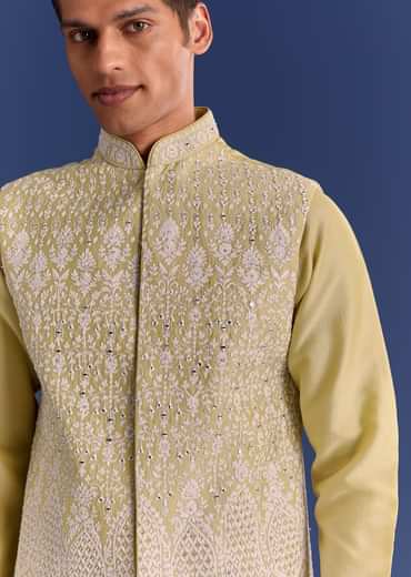 Yellow Cotton Silk Kurta Jacket Set With Mirror And Dori Work