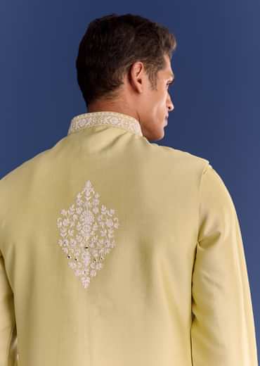 Yellow Cotton Silk Kurta Jacket Set With Mirror And Dori Work