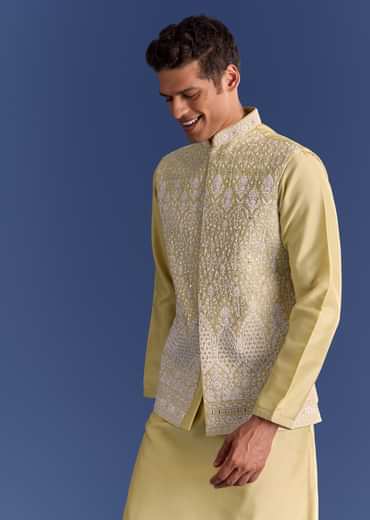 Yellow Cotton Silk Kurta Jacket Set With Mirror And Dori Work