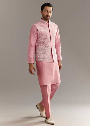 Pink Cotton Silk Jacket Kurta Set With Mirror And Dori Work