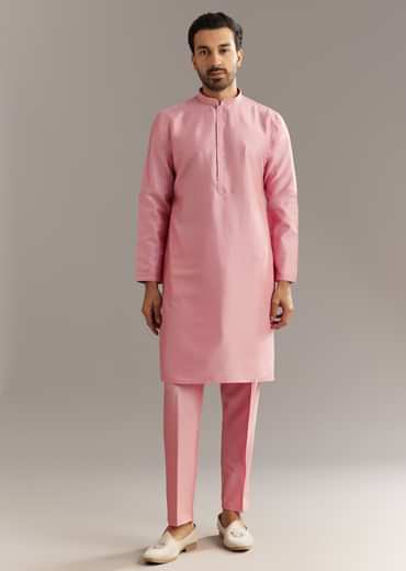 Pink Cotton Silk Jacket Kurta Set With Mirror And Dori Work