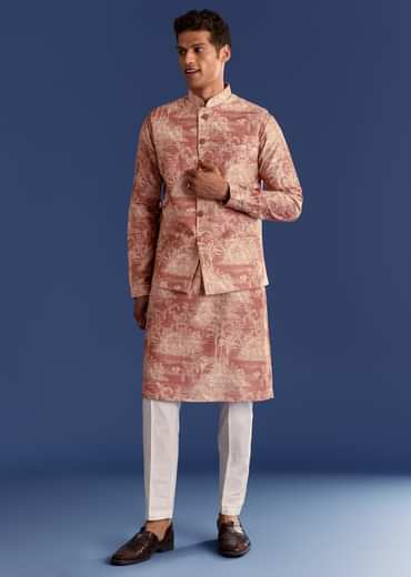 Rust Cotton Silk Kurta Jacket Set With Coastal Print