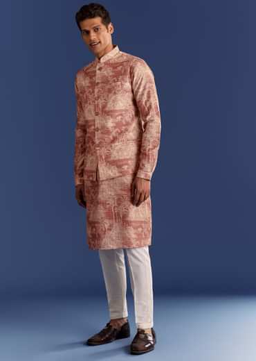 Rust Cotton Silk Kurta Jacket Set With Coastal Print