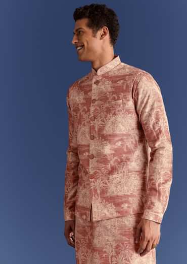 Rust Cotton Silk Kurta Jacket Set With Coastal Print